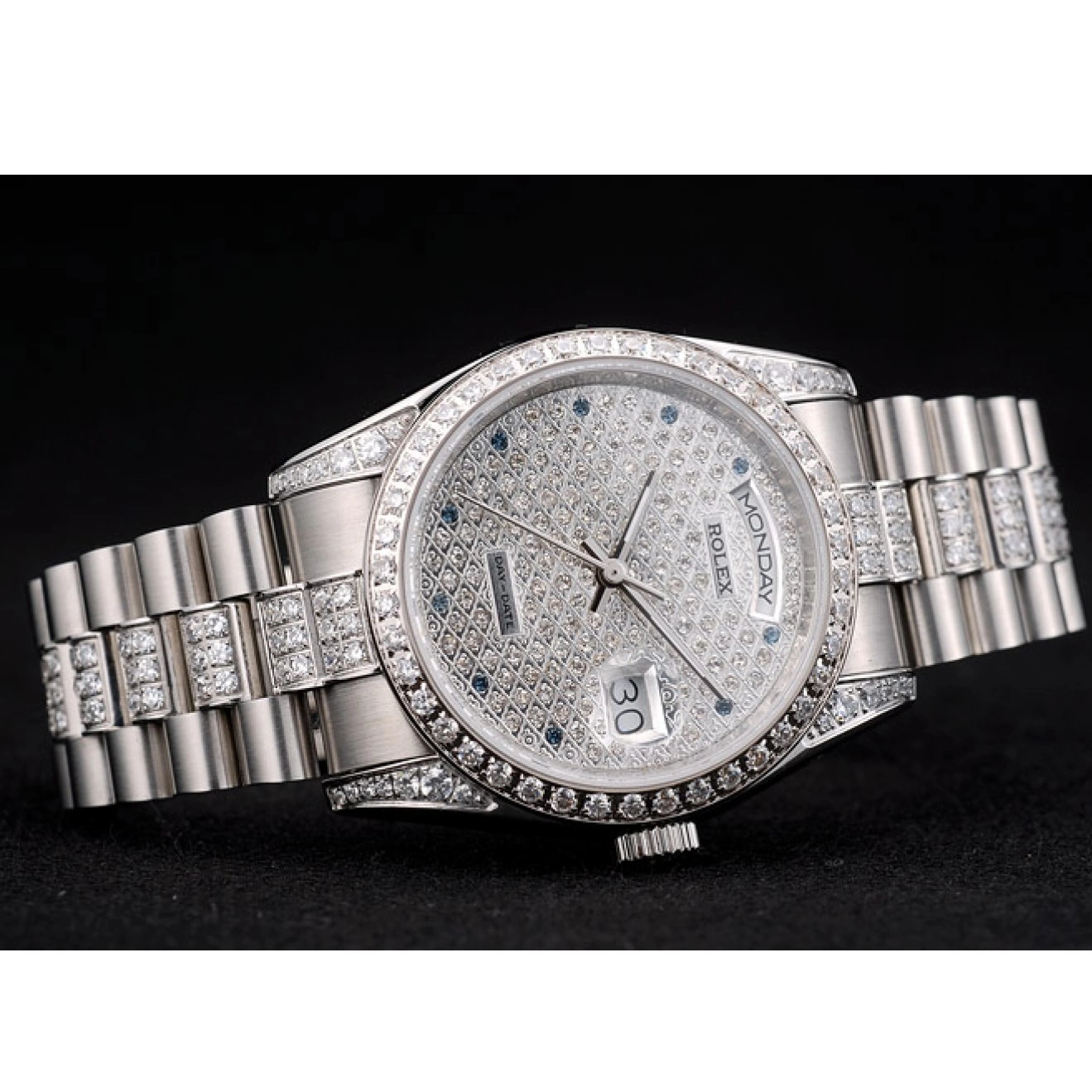 Aaa fake watches Diamond Stainless DayDate Diamond Dial Plated Rolex Plated Bracelet 41986 Steel 0524